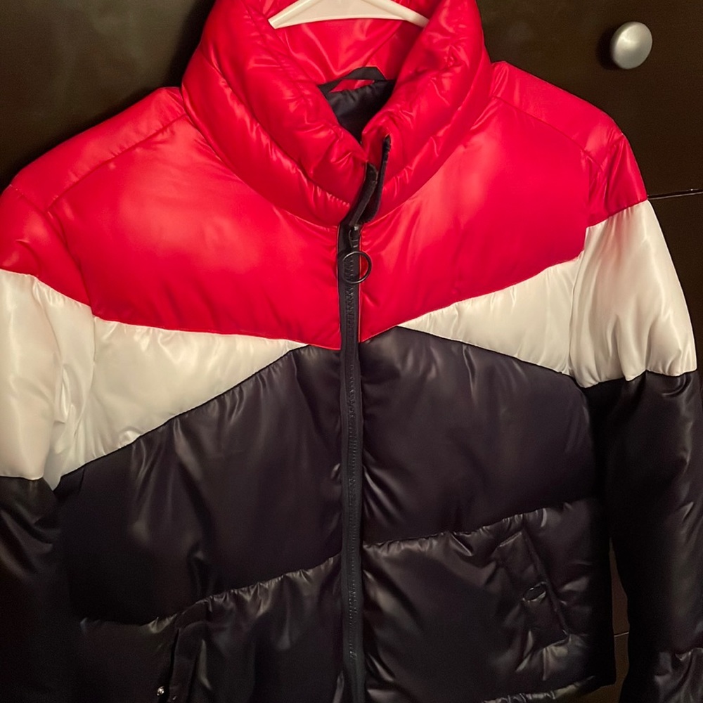 Red white & navy Colorblock puffer
